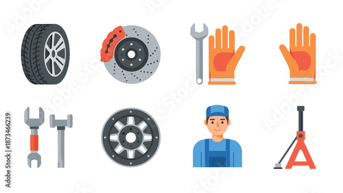 Automobile maintenance tools and parts icons in flat style
