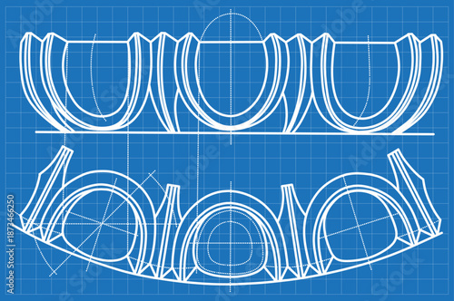 Architectural blueprint illustration of a classical Ionic order with detailed column capitals, technical grid, and construction lines on a blue background.