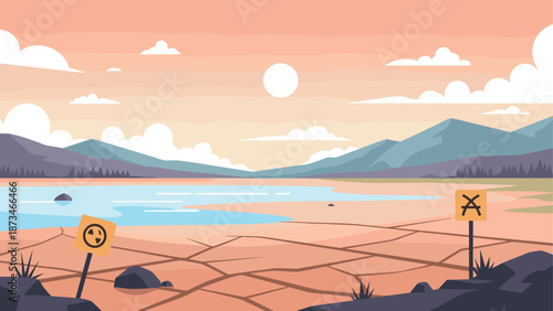 Drought impact on landscape with cracked earth and lake under warm sunset sky