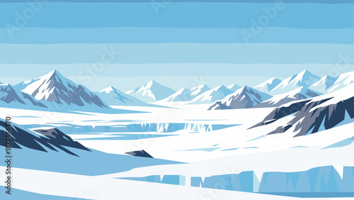 Scenic snowy mountain landscape with blue sky and ice formations