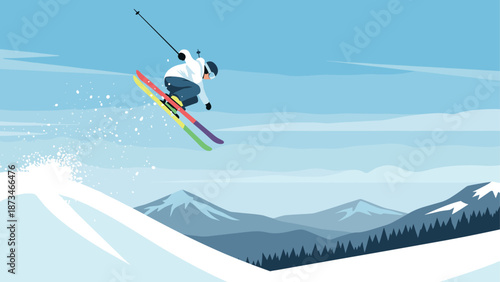 Dynamic ski jump in vibrant colors with scenic mountain background