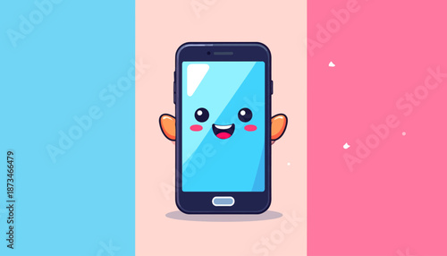 Happy Cartoon Smartphone Character on Colorful Background