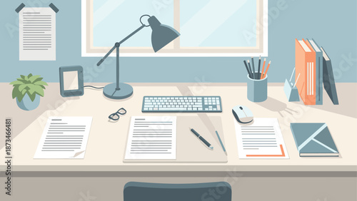 Modern minimalist workspace with desk accessories and office supplies