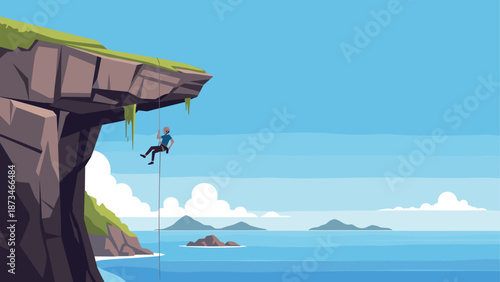 Adventure climber rappelling down ocean cliff in nature landscape illustration