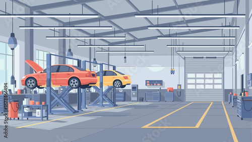 Modern car workshop interior with elevated vehicles and detailed equipment
