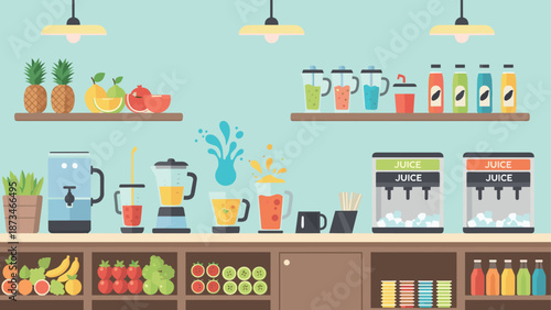 Fresh juice bar with fruit and blenders in a flat modern style