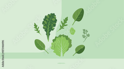 Fresh green leafy vegetables on minimalist background for healthy living