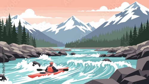 Adventurous kayaking in majestic mountain scenery with rapids and pine forest