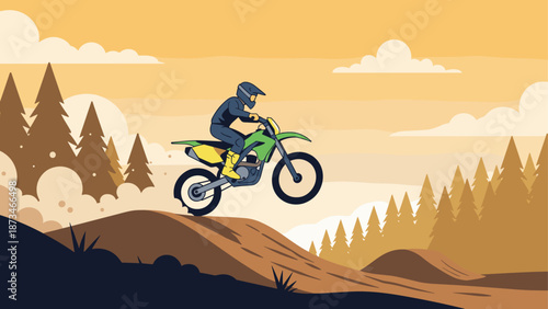 Dynamic motocross rider in scenic landscape with sunset background