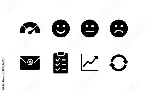Collection of icons representing feedback, performance, and communication for business analytics