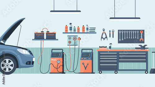 Auto repair garage with tools and equipment in flat design