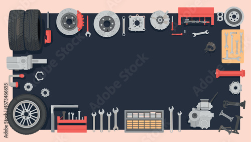 Automotive tools and parts on dark background in flat design