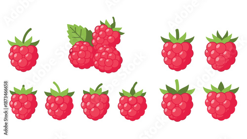 Flat style raspberry berry collection with green leaves on white background