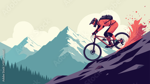 Mountain biker descending a rocky slope with snowy peaks in the background