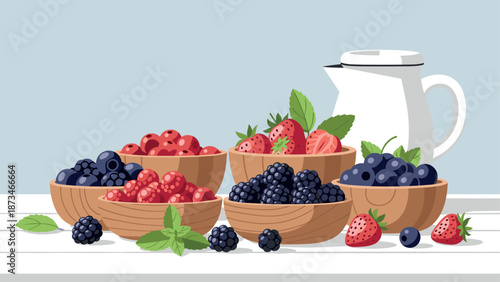 Fresh summer berries in wooden bowls with pitcher on white table in flat design
