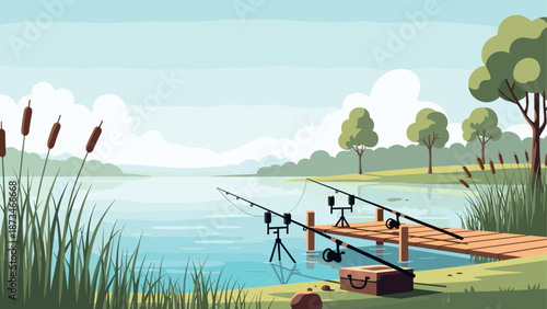 Scenic lakeside fishing scene with wooden dock and fishing rods in tranquil setting