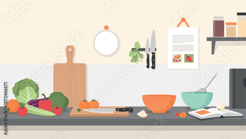 Modern kitchen counter with fresh vegetables and cooking utensils in flat design