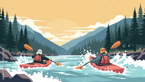 Outdoor adventure in nature: kayakers navigate a river in scenic mountain landscape