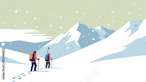 Winter adventure: snowy mountain trek with hikers in minimalist landscape