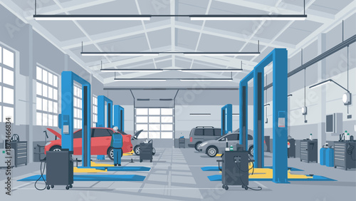 Modern auto repair garage with lifting equipment and cars in a spacious interior