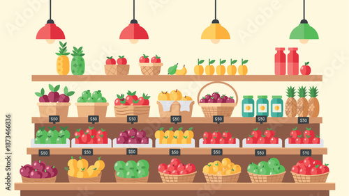 Colorful flat design of fruit and vegetable market display with price tags and soft lighting