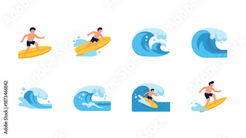Surfer and ocean wave icons in flat style for beach and water sport themes