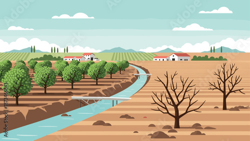 Contrast between lush greenery and dry landscape in agriculture setting