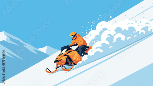 Snowmobile adventure on mountain slope with dynamic motion and colorful design