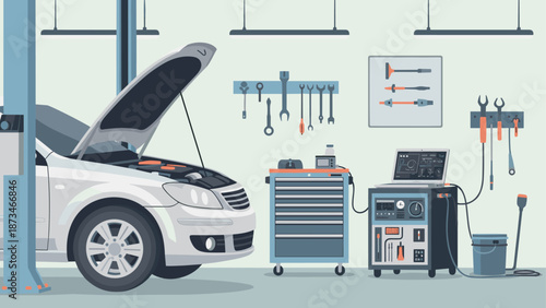 Modern auto repair shop interior with car in maintenance