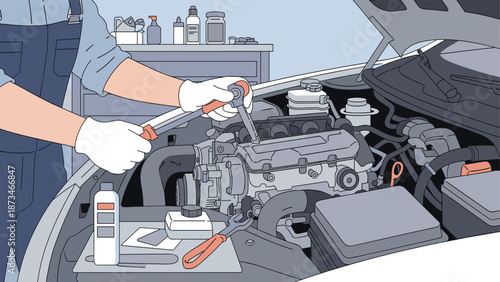 Mechanic repairing car engine in minimalist style workshop scene