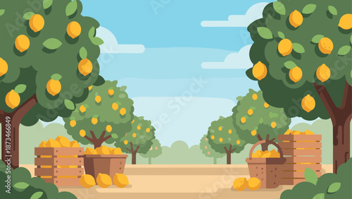 Abundant lemon grove with crates under blue sky in flat style