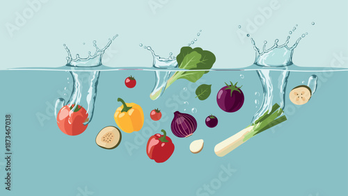 Fresh vegetables splashing in water with bubbles and ripples