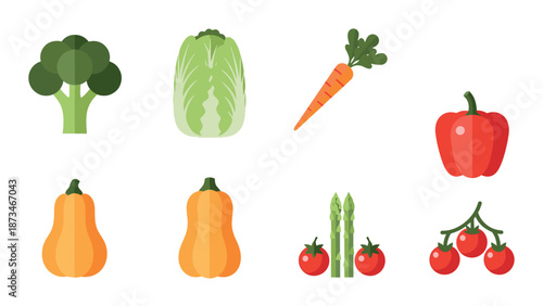 Fresh vegetable icons: broccoli, cabbage, carrot, bell pepper, squash, asparagus, tomatoes