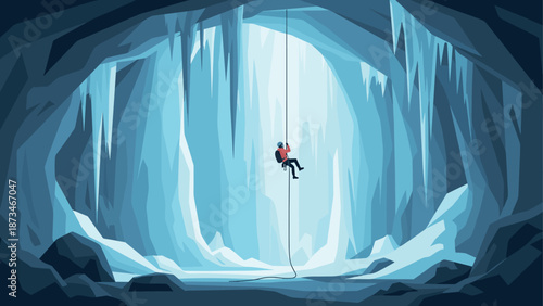 Adventurer descending in majestic frozen cave with stunning ice formations
