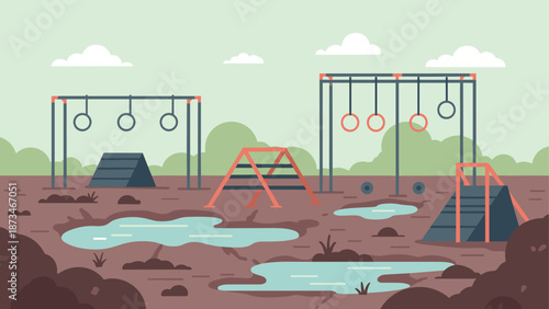 Outdoor obstacle course in muddy terrain with equipment on cloudy day