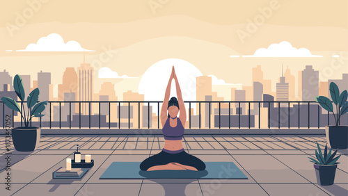 Peaceful yoga at sunrise on urban rooftop with serene cityscape