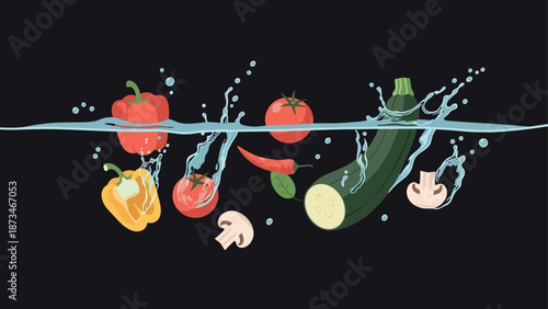 Fresh vegetables splashing into water on dark background for healthy cooking concept