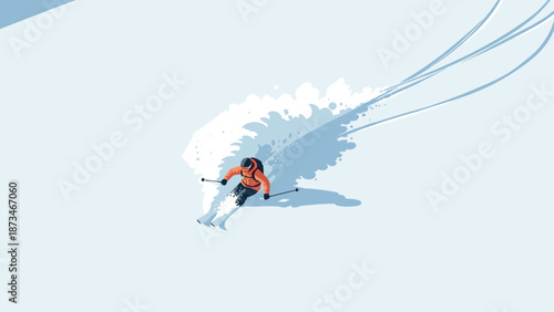 Dynamic skiing adventure in minimalist winter landscape with clean blue and white tones