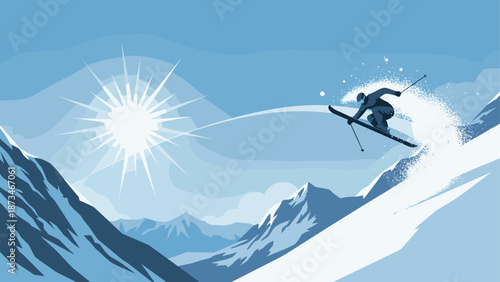 Winter mountain skiing adventure with blue sky and snowy peaks