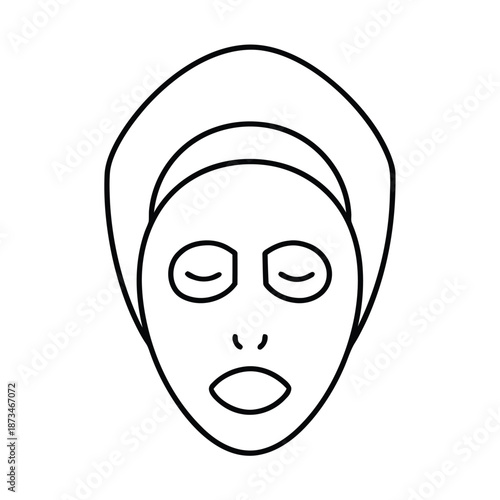 Simple black line art icon representing a person wearing a relaxing facial mask wrapped in a spa towel enjoying a moment of self care and tranquility