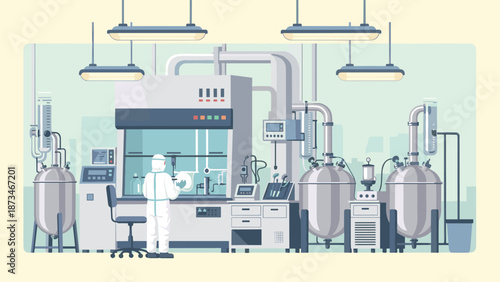 Modern laboratory with scientist in protective gear conducting research