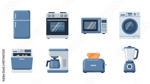 Modern kitchen appliance icons in flat style: fridge, oven, and more