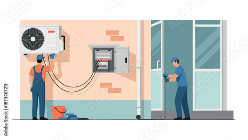 Hvac technicians installing air conditioner and electrical panel on building exterior
