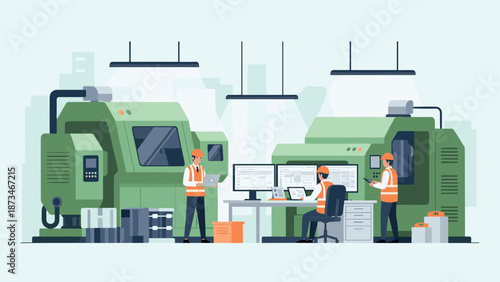 Modern factory interior with workers and machinery in flat design