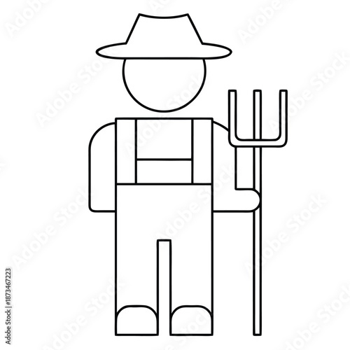 Simple outline pictogram representing a hardworking farmer wearing classic overalls and a wide brimmed hat while holding a traditional pitchfork tool for agriculture or farming work
