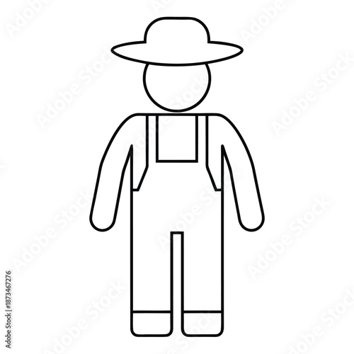 Simple outline icon representing a male farmer or agricultural worker wearing traditional overalls and a wide-brimmed sun hat suitable for field labor and outdoor work concepts