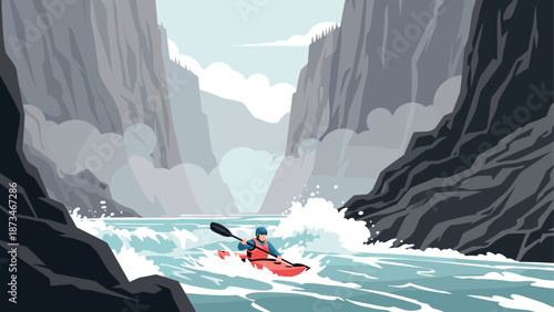 Adventurous kayaker navigating rapids in majestic canyon landscape