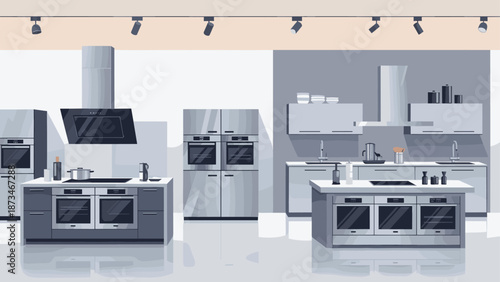 Modern kitchen interior with stainless steel appliances and minimalist design