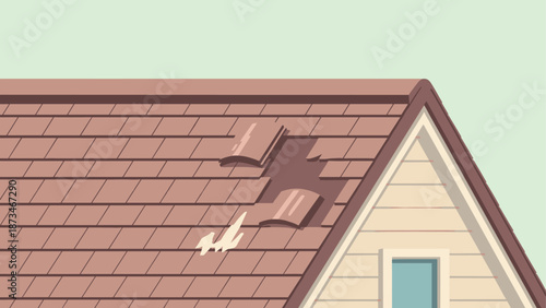 Damaged roof with missing shingles in flat design style