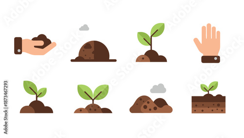 Flat design icons of plant growth and gardening with soil and hands